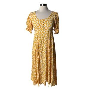 Faithfull The Brand Linnie Floral Print Yellow Crepe Midi Dress‎ Womens Size 4